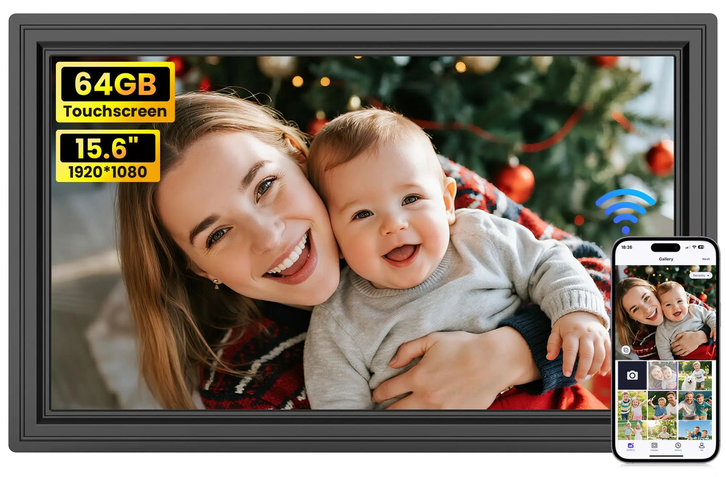 Uhale 32 inch extra large black photo frame with 64gb showing a smiling woman and baby in front of a christmas tree