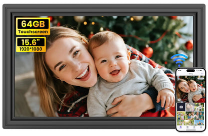 Uhale 32 inch extra large black photo frame with 64gb showing a smiling woman and baby in front of a christmas tree
