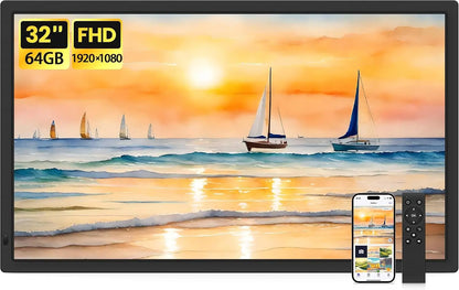 Uhale 32 inch extra large digital picture frame with black frame displaying sunset seascape with iphone and remote control
