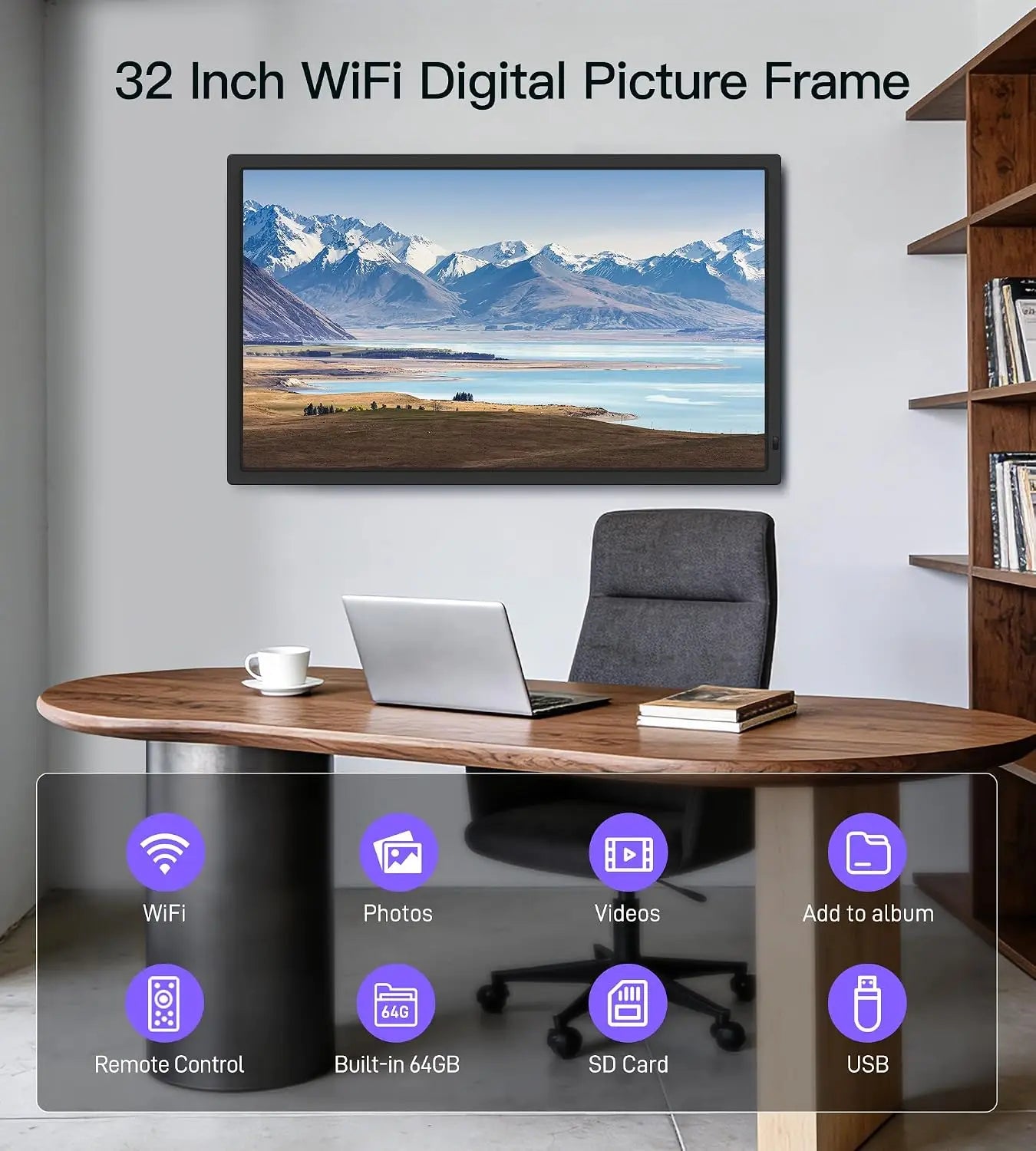 Uhale 32 inch extra large photo frame with sleek black bezel displaying scenic mountain landscape in 1080p wifi picture frame