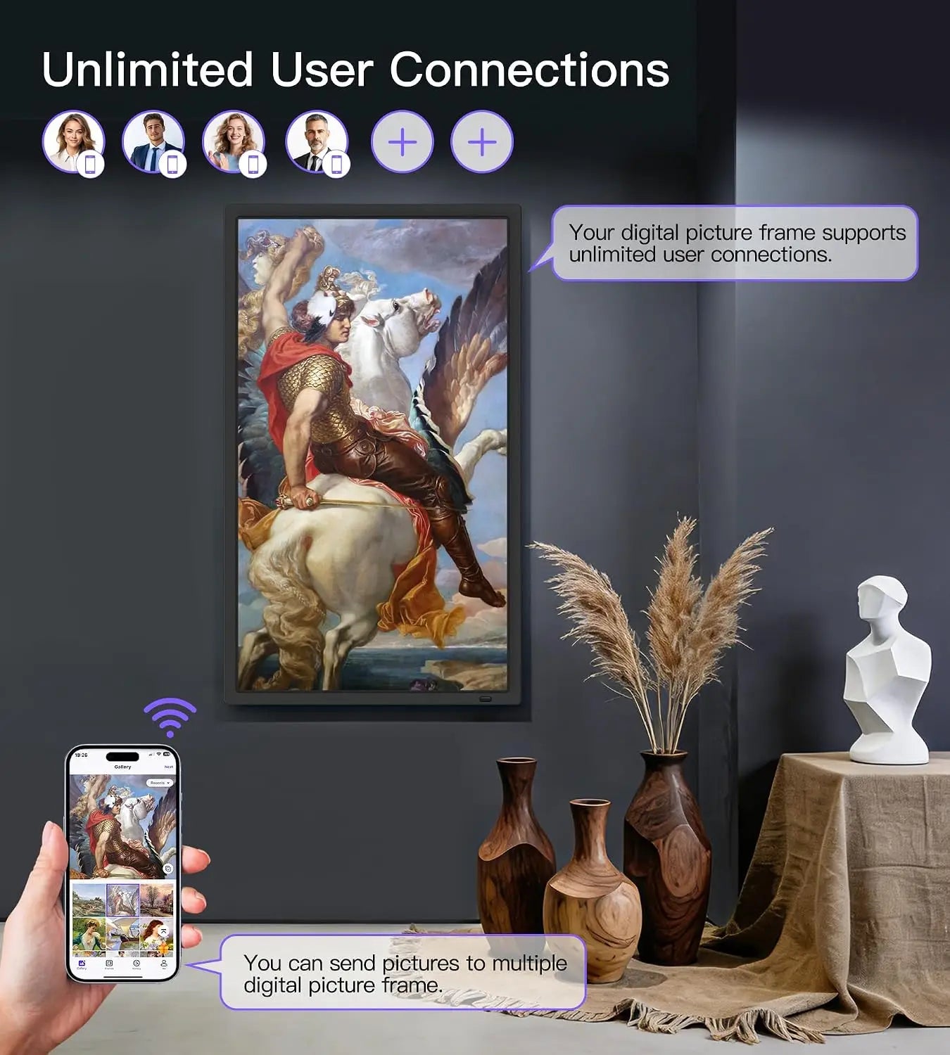 Uhale 32 inch extra large black digital picture frame with 64gb wifi and remote control showing classical painting