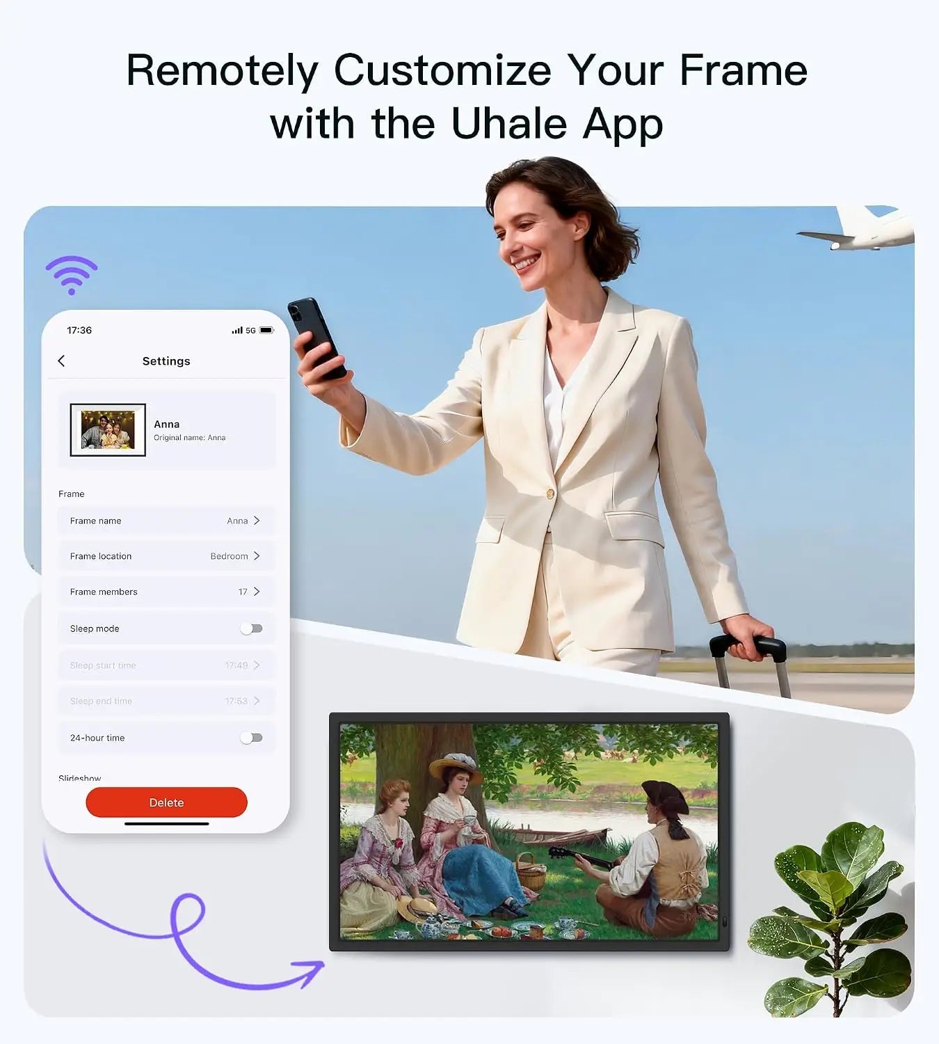 Uhale 32 inch extra large photo frame with sleek black bezel displays vintage painting and supports remote customization