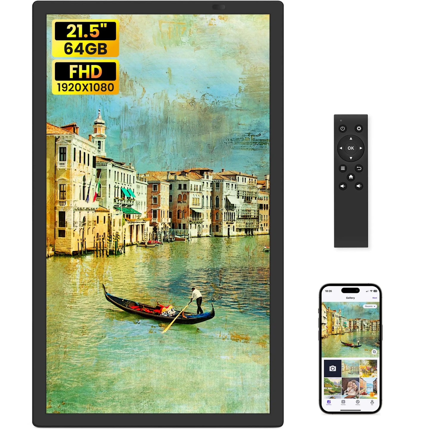 Uhale extra large black photo frame displaying venetian canal painting with remote and smartphone app interface