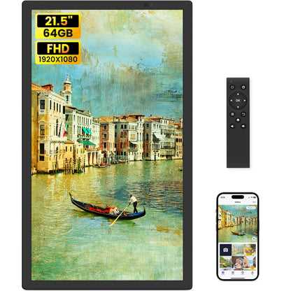 Uhale extra large black photo frame displaying venetian canal painting with remote and smartphone app interface