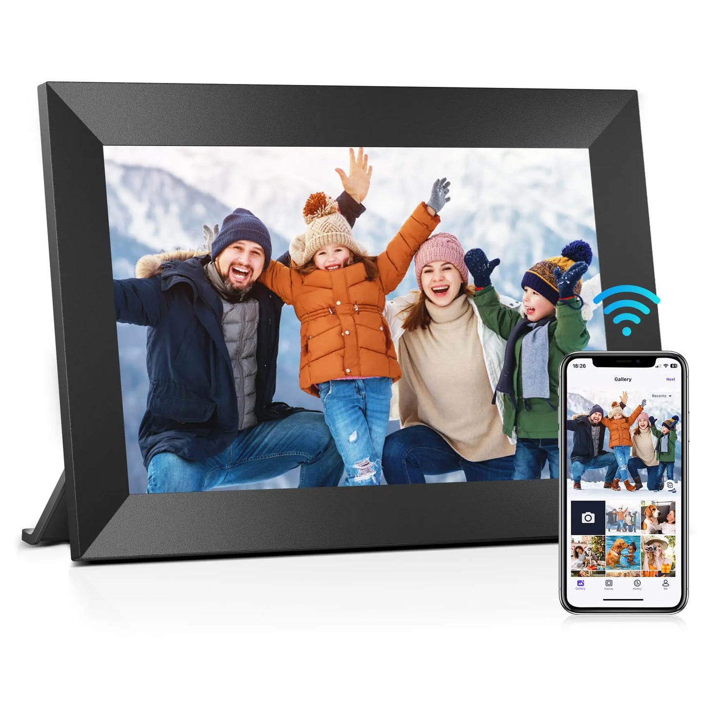 Black framed extra large digital picture frame displaying family photo with wifi symbol and smartphone app for easy sharing