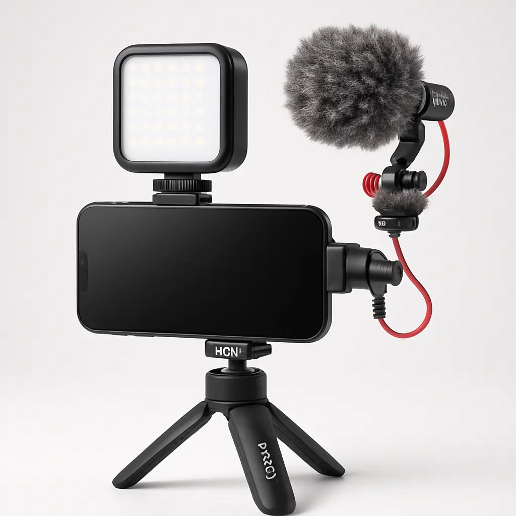 Black smartphone on compact tripod with square led light and furry mic in ultimate vlogging kit for iphone android by movo