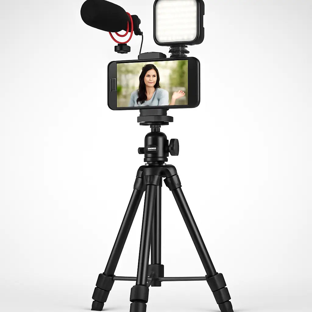 Black smartphone mounted on a full size tripod with mic and led light for content creation in a vlogging kit