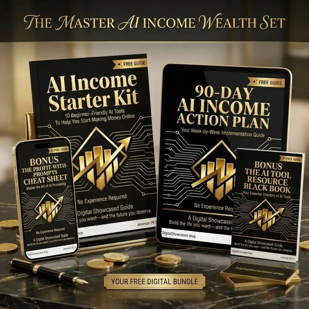 Black and gold ai income starter kit featuring digital guides bonus cheat sheet and action plan with circuit board design