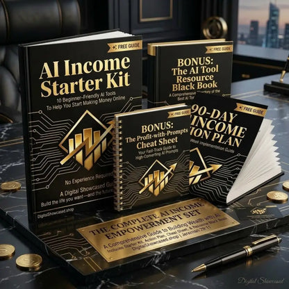 Black and gold ai income starter kit books with circuit board design for building your first digital income stream faster