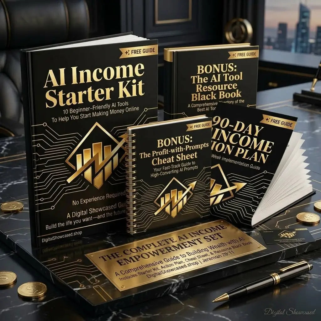 Black and gold ai income starter kit books with circuit board design to build your first digital income stream faster