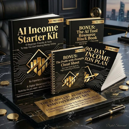 Black and gold ai income starter kit books with circuit board design to build your first digital income stream faster