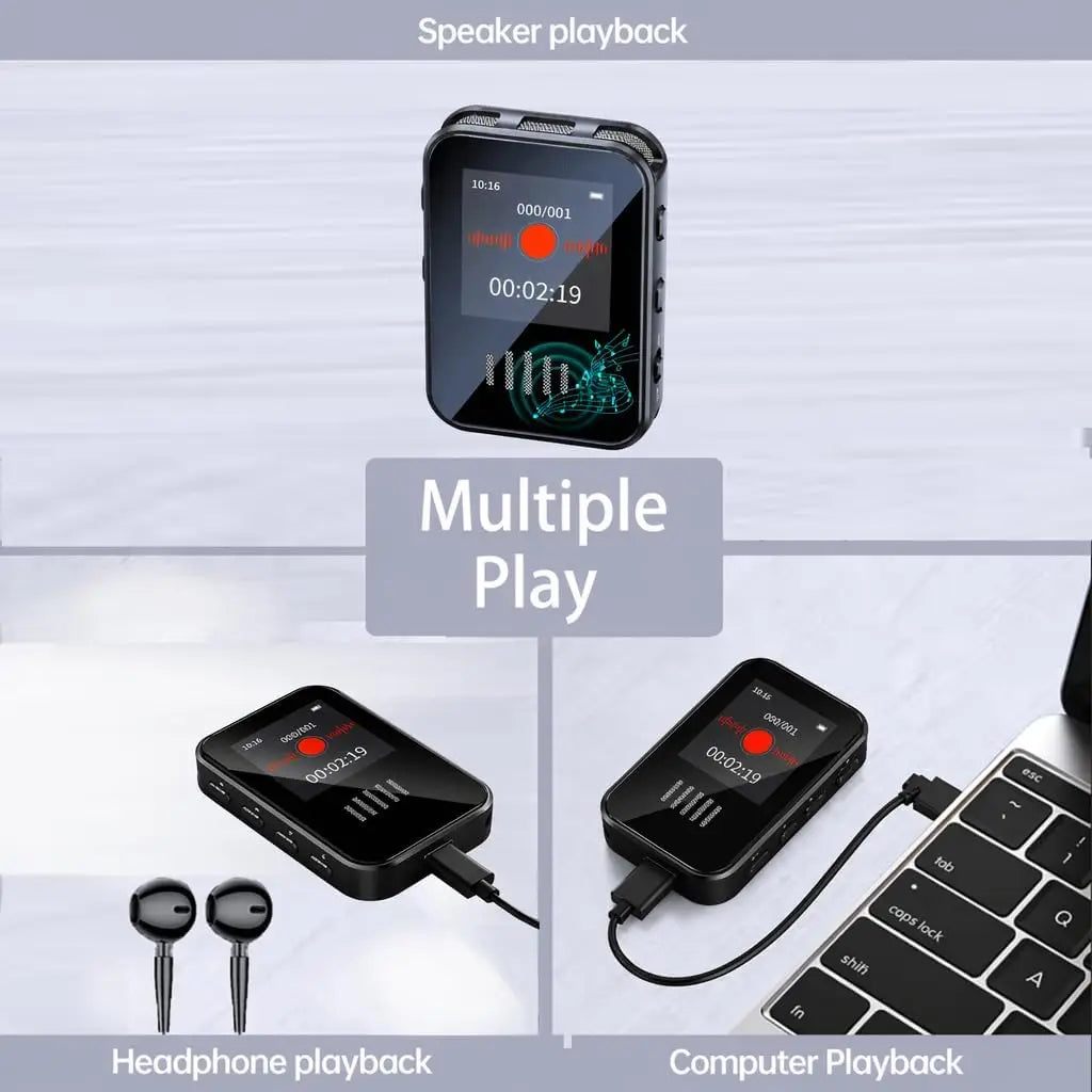 Black rectangular voice activated recorder with touchscreen supports playback mp3 player and type c microphone input