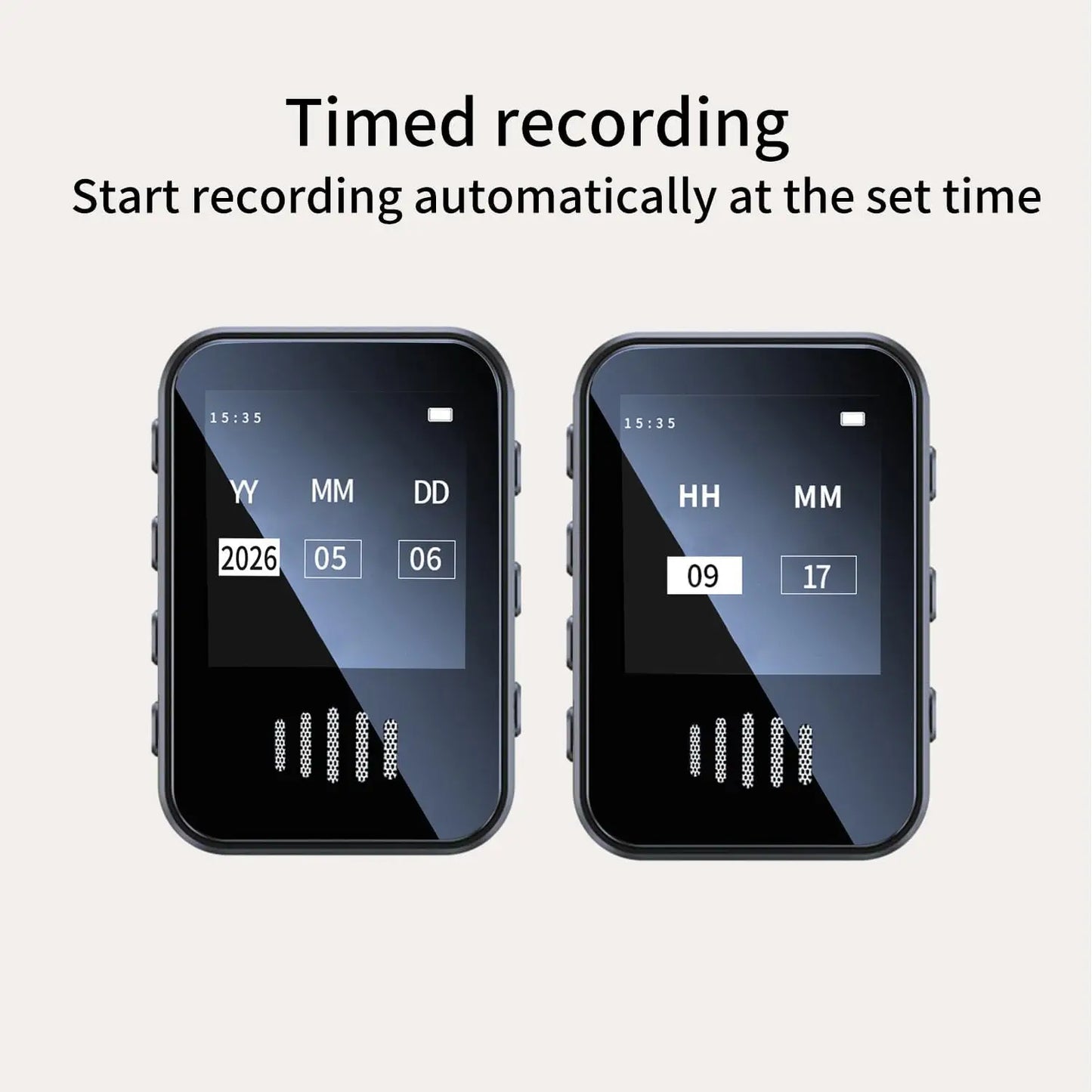 Black rectangular voice activated recorder with glossy screen shows time supports mp3 player and type c microphone use