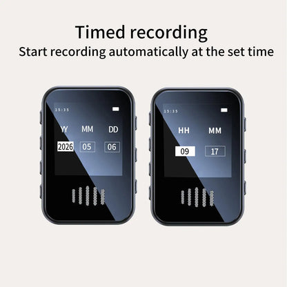 Black rectangular voice activated recorder with glossy screen shows time supports mp3 player and type c microphone use