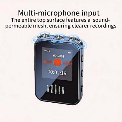 Black rectangular voice activated recorder with transparent screen and multi microphone form factor for meetings mp3 player