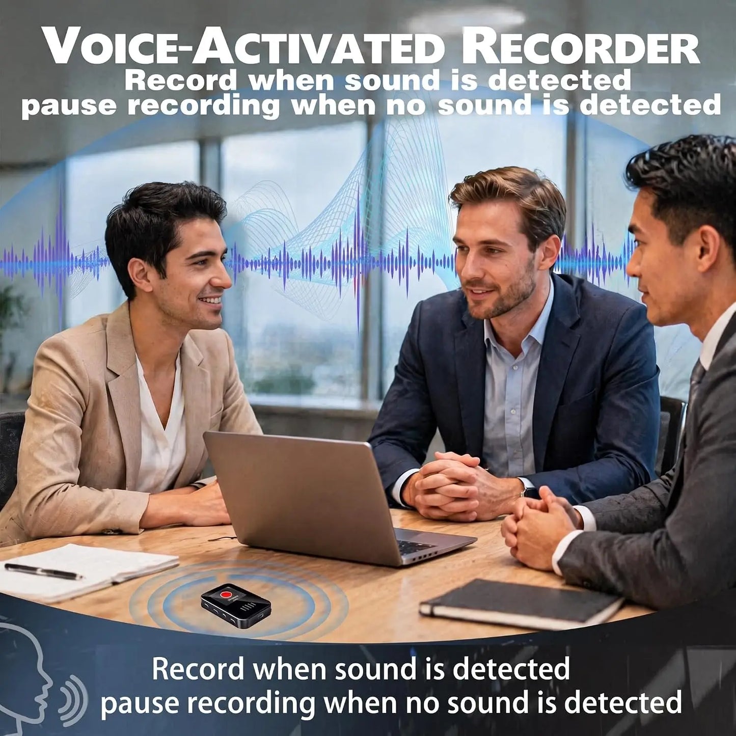 Black compact voice-activated recorder with red button silver accents supports playback mp3 player and type c microphone form factor