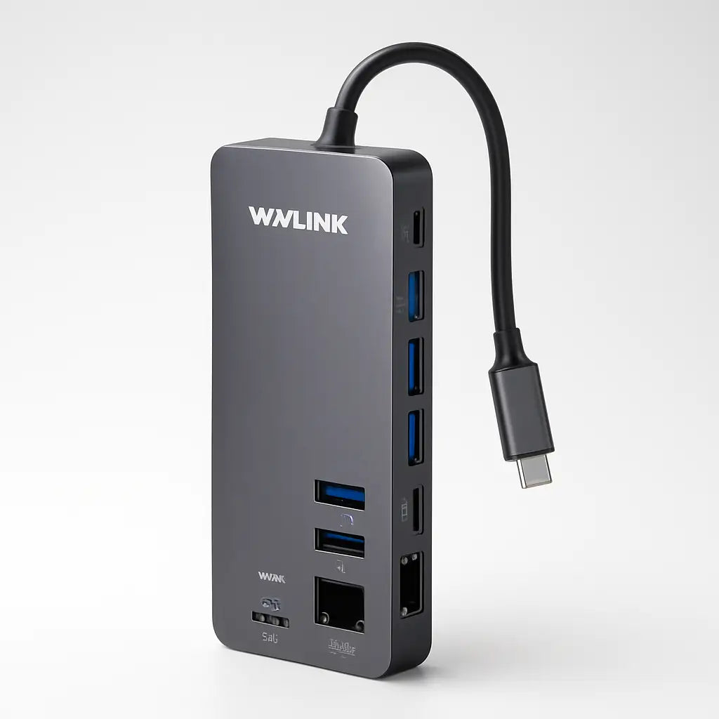 Black wavlink usb c hub 11-in-1 docking station with multiple ports and a flexible curved usb-c cable
