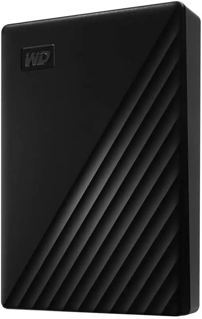 Black wd my passport 5tb portable hard drive with diagonal ribbed texture matte finish and ransomware protection