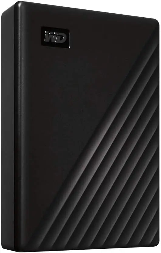 Black wd my passport portable hard drive with textured diagonal ribbed design and ransomware backup protection