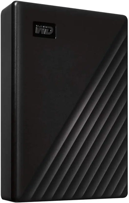 Black wd my passport portable hard drive with textured diagonal ribbed design and ransomware backup protection
