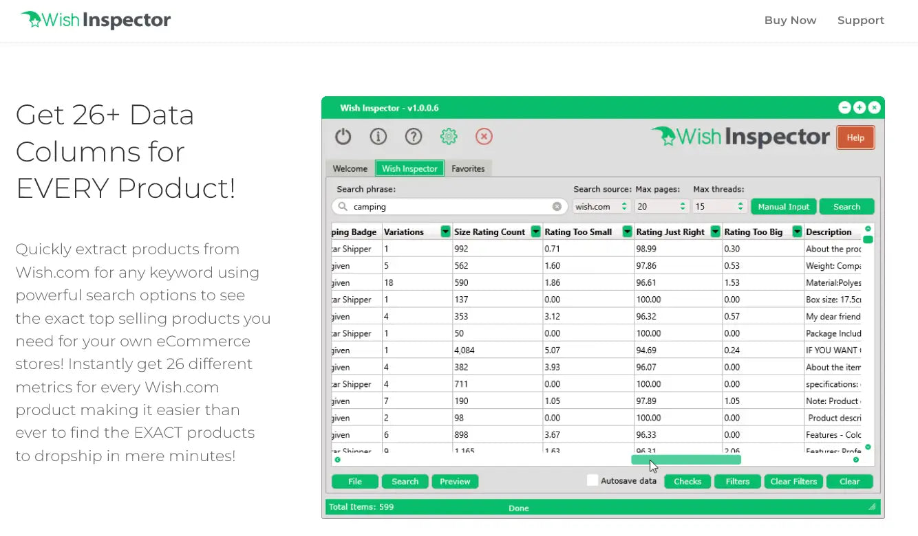 Green and white wish inspector software interface showing product metrics to validate demand and gain business insights