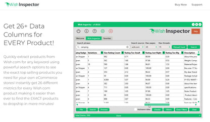 Green and white wish inspector software interface showing product metrics to validate demand and gain business insights