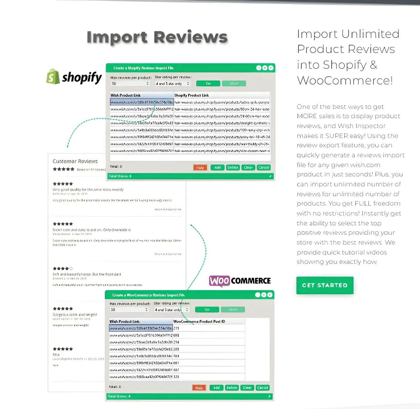 Green-themed Command Market Intelligence interface for importing reviews to Shopify WooCommerce