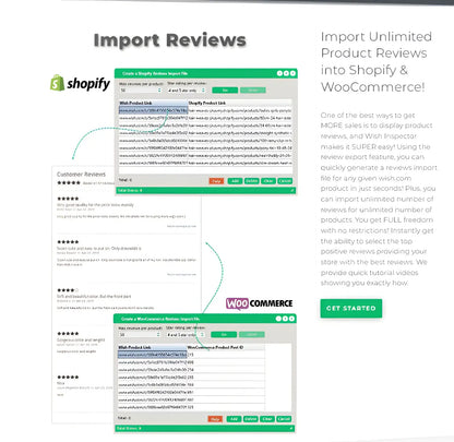 Green-themed Command Market Intelligence interface for importing reviews to Shopify WooCommerce