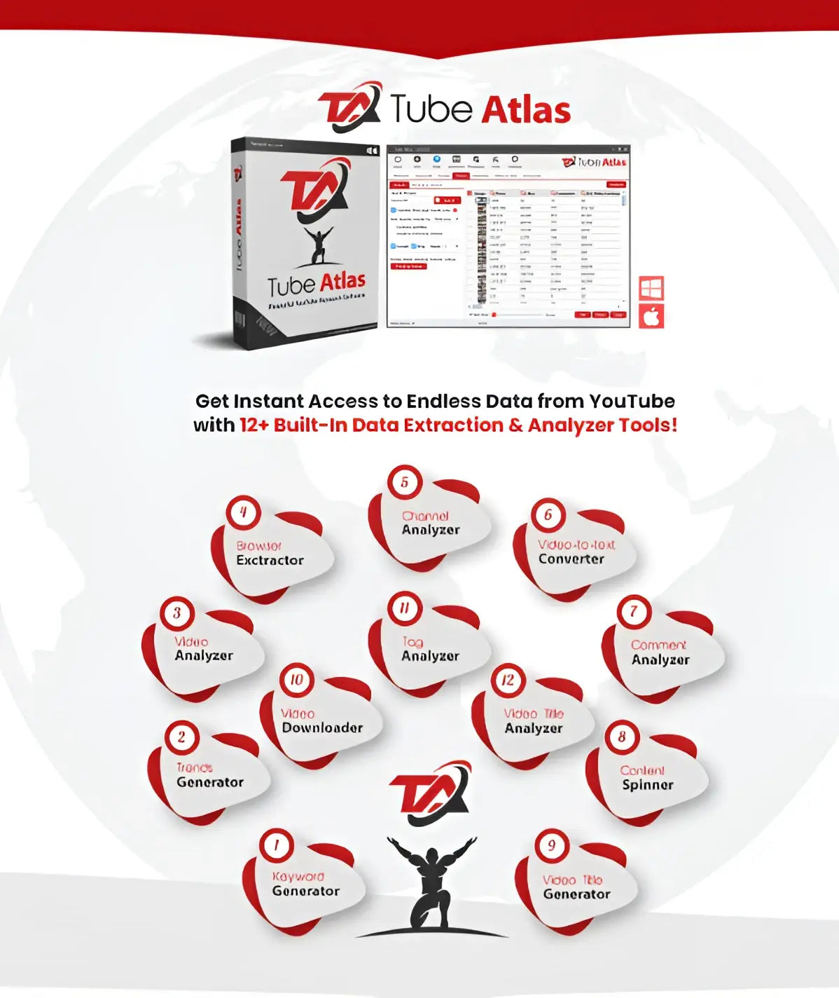 Tube atlas software box with red and black branding featuring a stylized ta logo for youtube traffic intelligence stack