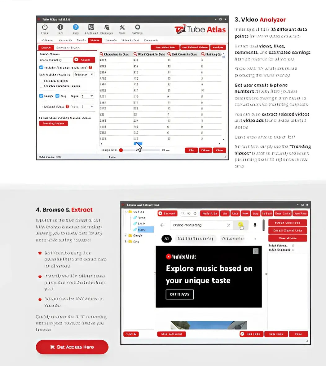 The youtube traffic intelligence stack by appbreed shows its tube atlas video analyzer tool with tables for youtube seo data extraction