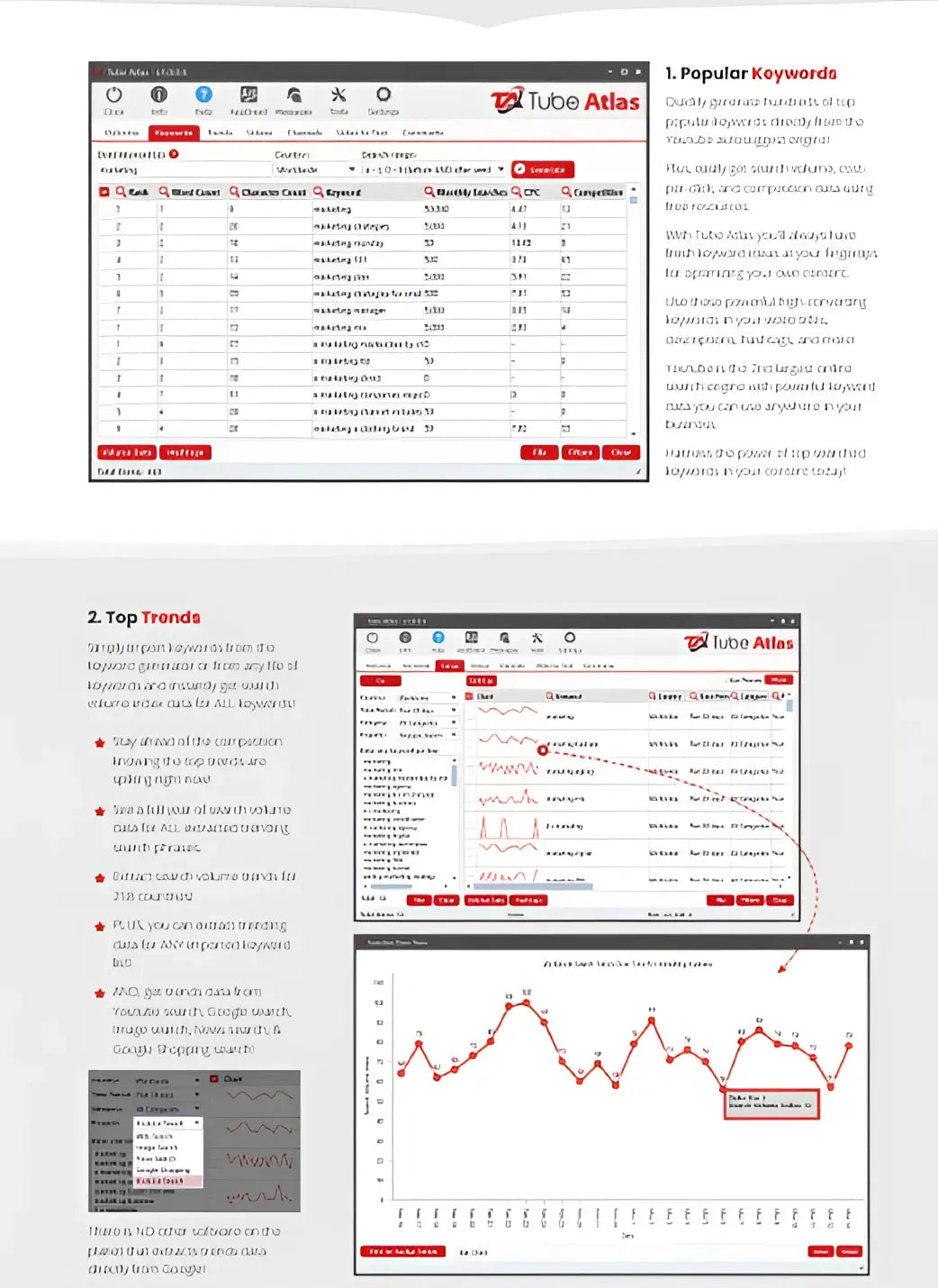 Tube atlas software interface showing keyword research and trend analysis tools in youtube traffic intelligence stack